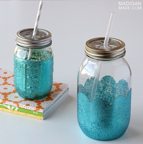 glittered mason jar drink cups (via madiganmade)
