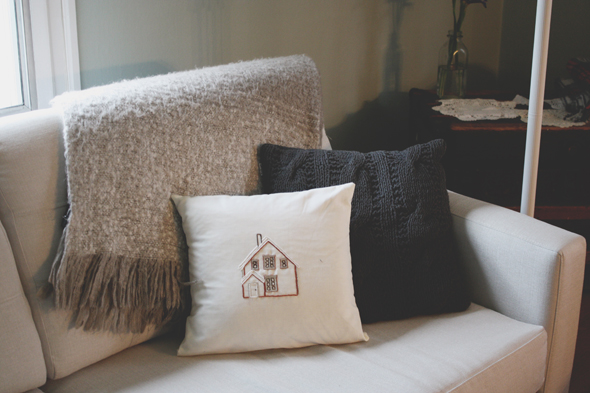 embroidered house pillow
