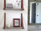 recycled shelving with leather hangers