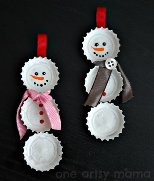 bottle cap snowman ornaments (via kidsomania)