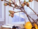 a glass vase with lemons and branches with acorns is a nice centerpiece or decoration with a strong natural feel
