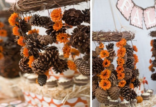 vines, bright blooms and pinecones compose a lovely and all-natural fall decoration to enjoy