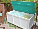 white storage box, bench and table