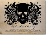 a black and neutral Halloween party invitation with a skull, webs, blackbirds is a chic option