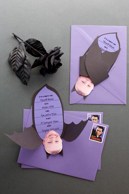 bold bat shaped Halloween party invitations with Dracula stamps are a unique and cool solution to rock