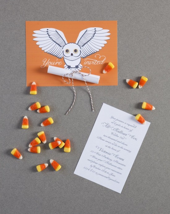 Hogwarts styled Halloween party invitation with an orange owl envelope and candy corns