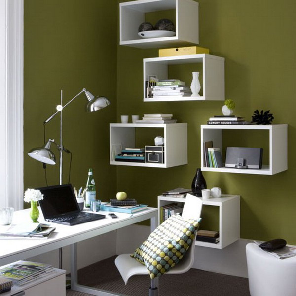 Wall-mount storage cubbies allow to see a wall behind them and provide display space as inside them as on them.