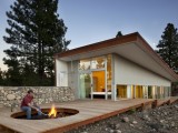 Hill House With Cool Fireplace On A Deck