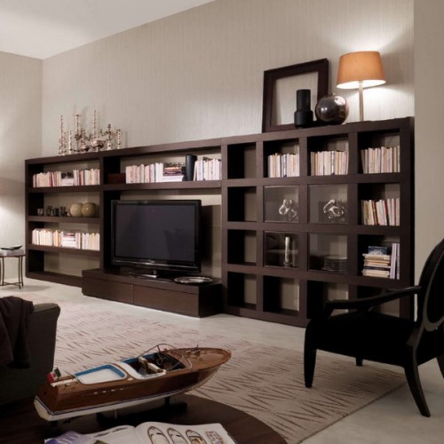 a large dark bookcase with a built-in TV unit is a cool idea for a contemporary space
