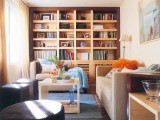 a large built-in bookcase of light-colored plywood is a cool idea that will turn your whole living room into a real library