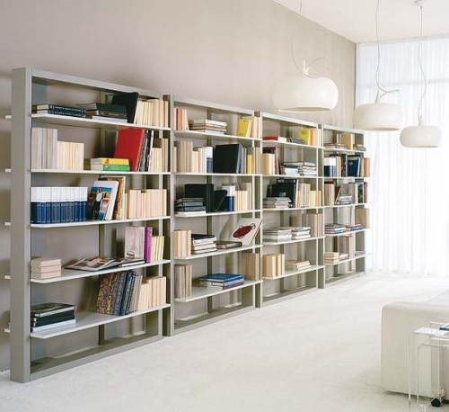 a whole wall taken by bookcases will easily turn your living room into a library and will accommodate many books