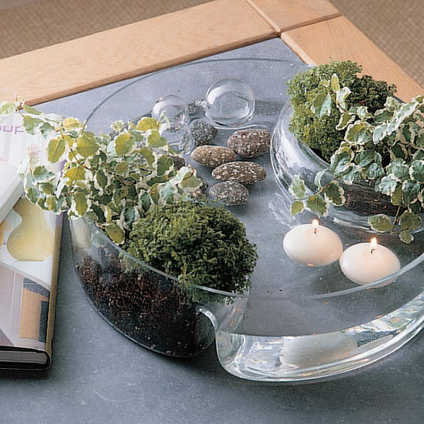 a large aquarium with pebbles, floating candles, jars with potted greenery for modern home decor