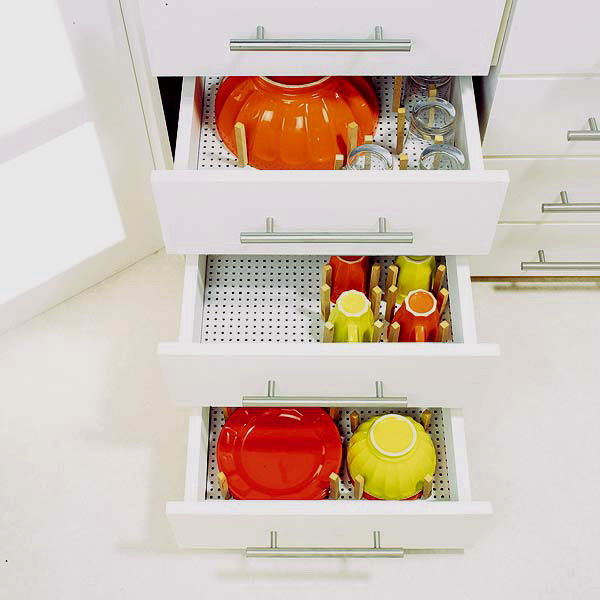 Pegboards could be used as functional drawer organizers.