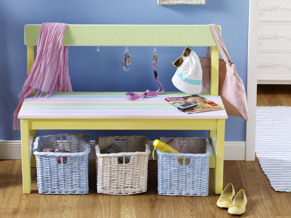 a colorful bench with pastel wicker cubbies for shoe storage is a cool idea for a kid friendly space