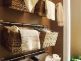railings with wicker cubbies are a great storage unti for any space, from an entryway to a bathroom