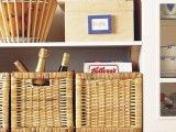 wicker cubbies can be used in your pantry for storing things, turn any open compartments into closed storage spaces