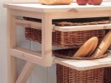 wicker cubbies as drawers at various levels bring a strong cozy rustic feel to the space at once