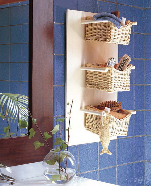 a wooden shelf with holders and some baskets placed on them will give you storage space and will make the space feel more rustic