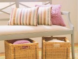 a vintage rustic pastel bench with cubbies for storage under it  – store things not on the bench but under it