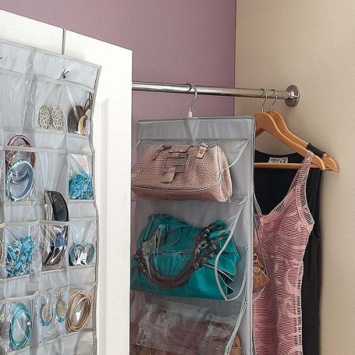a clear bag holder with a hook on top can be hung in your wardrobe or even on a door to save the space