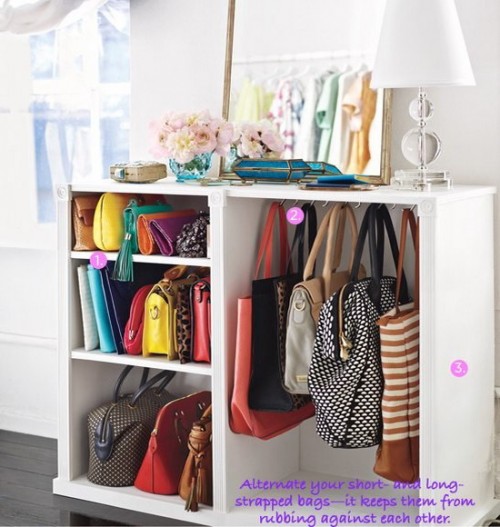 a special open drawer with several compartments to place and hang your bags is simply a perfect idea for a closet