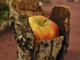 an apple placed into a tree stump is a nice woodland or rustic fall decoration to rock