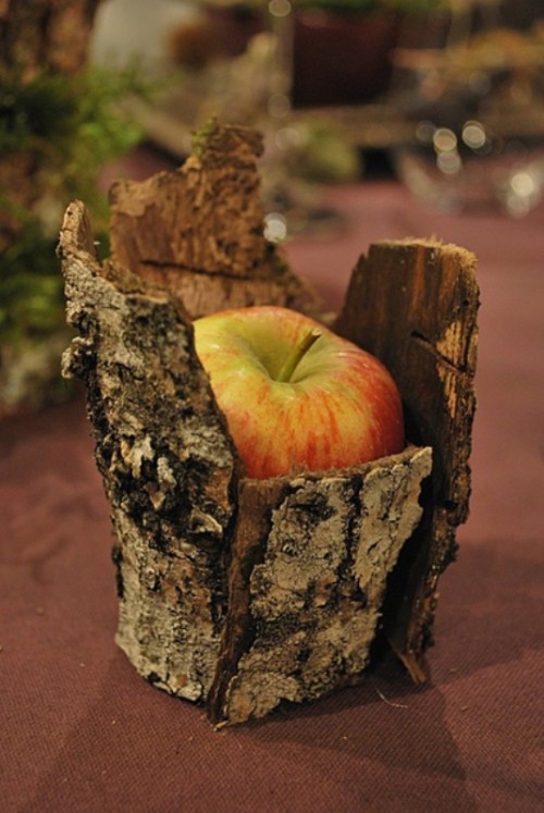 an apple placed into a tree stump is a nice woodland or rustic fall decoration to rock