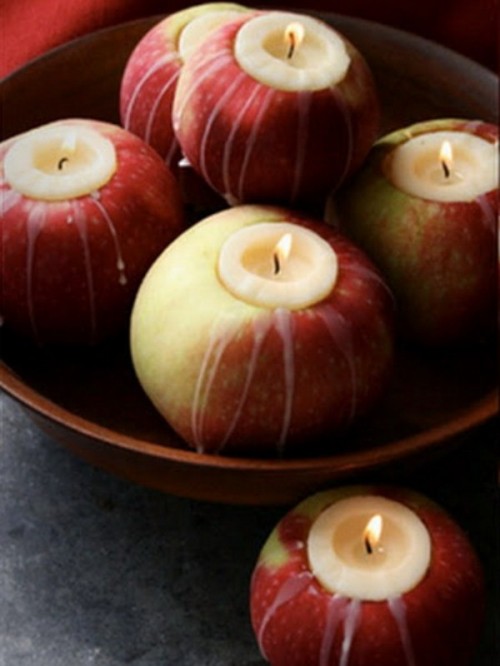 real apples used as candleholders are great for decorating for the fall, they are natural and fresh and you can make them fast