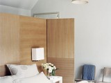 a modern light-colored plywood space divider adds warmth to the bedroom and separates it from the bathroom