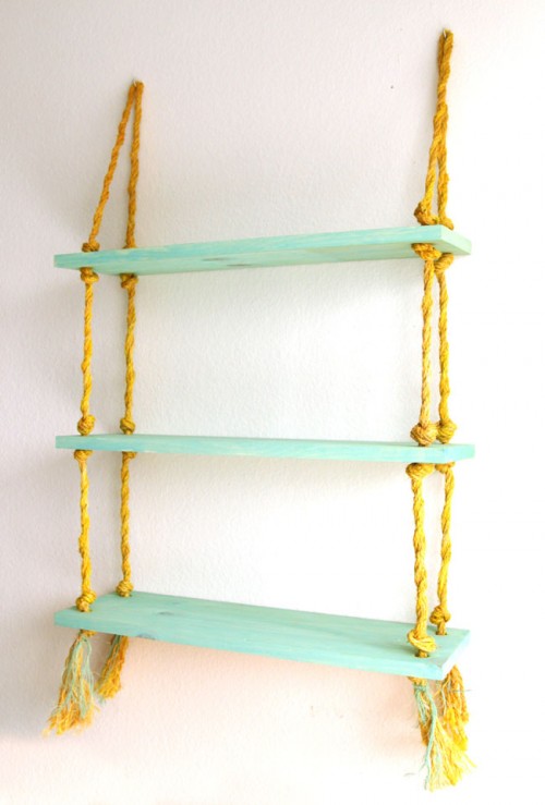 Simple DIY Wall Shelves Hung On Ropes