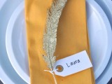 gold feather place card