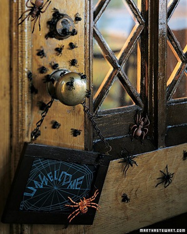 Lots of spiders attached to the front door will make it look spooky and very awesome, add a sign and voila