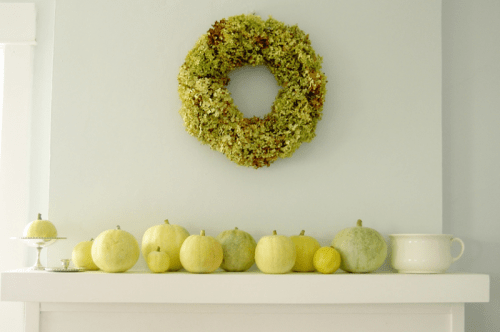 white, green and yellow pumpkins and a grene hydrangea wreath over the mantel are stylish Thanksgiving decor