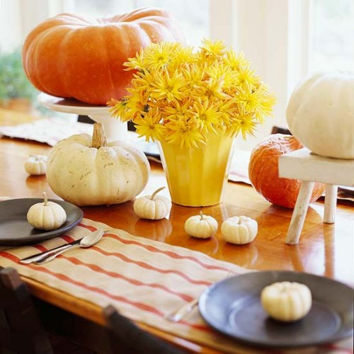 white and bright pumpkins and colored potted blooms create a simple rustic centerpiece for fall