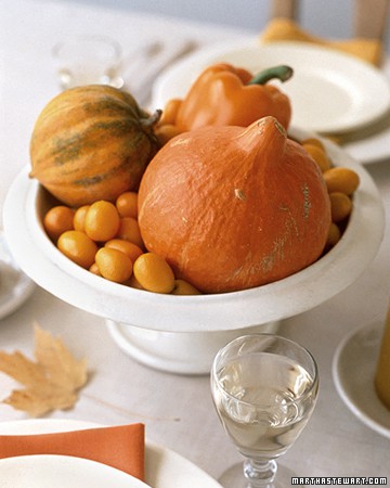 a bowl with kumquat, gourds and a pepper is a bright and cool all natural centerpiece for Thanksgiving