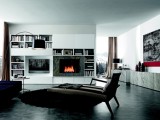 a contemporary living room with white walls, bookshelves, a fireplace and a TV in a niche that looks absolutely organic and cool